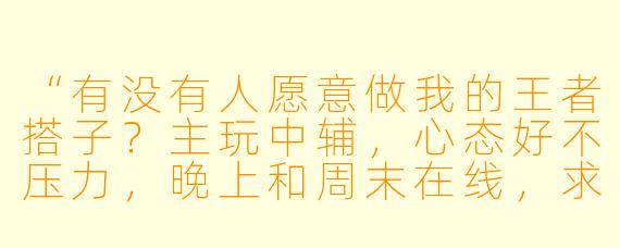 “有没有人愿意做我的王者搭子?主玩中辅,心态好不压力,晚上和周末在线,求个稳定队友一起上分~”
