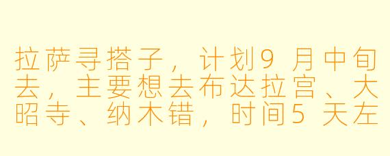 拉萨寻搭子，计划9月中旬去，主要想去布达拉宫、大昭寺、纳木错，时间5天左右，有没有行程相似的小伙伴一起拼车拼饭？本人90后女生，拍照技术尚可，求捡或组队！